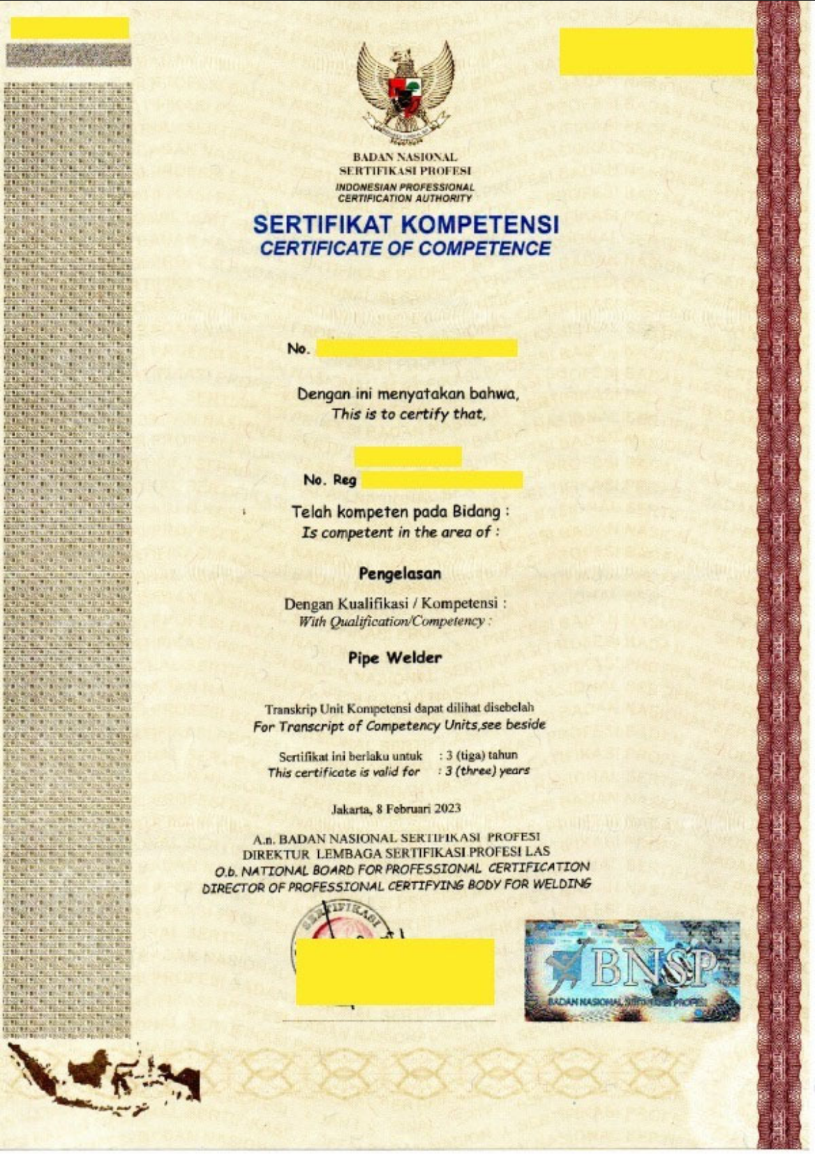 Contoh Sertifikat Kompetensi BNSP